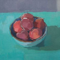 a painting of apples in a bowl on a green tablecloth with blue background and shadow