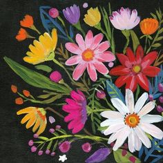 a painting of colorful flowers on a black background