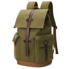 Wear-resistant Canvas Backpack Travel Computer Bag - Woosir Khaki Backpack With Pockets For Outdoor Activities, Rectangular Khaki Backpack For Travel, Khaki Backpack With Pockets For Daily Use, Functional Khaki Backpack With Zipper Pocket, Khaki Softback Backpack With Large Capacity, Casual Outdoor Backpack With Pockets, Outdoor Flap Backpack With Pockets, Green Laptop Backpack For Travel, Canvas Backpack With Multiple Pockets