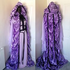 two pictures of a purple dress with black laces on the bottom and an image of a woman's back