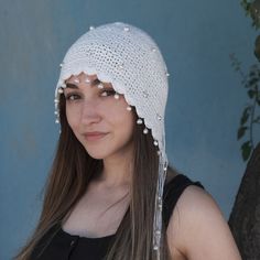 This adorable skull cap hat is crochet with highly quality organic cotton yarn.  It is lightweight, breathable, non- itchy, soft on skin and thanks to organic cotton yarn it is not warm.  This light and comfortable summer skull cap hat is made in boho hippie, gothic  style  This cute crochet skull cap hat is perfect accessory for all seasons, rave festivals, and daily wear and it is very trendy. This crochet boho hippie/ gothic /elf skull cap hat is good for short and long hair and it is a great Crochet Skull Cap Pattern, White Brimmed Festival Costume Hats And Headpieces, White Brimmed Costume Hats And Headpieces For Festivals, Festival Crochet Hat, One Size Fits Most, Hand Knitted Crochet Hat For Festival, Hand Knitted One-size Crochet Hat For Festival, Hand Knitted Crochet Hat One Size For Festival, Handmade Hippie Crochet Hat For Festivals, Handmade Bohemian Costume Hats For Winter