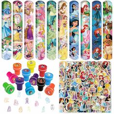 various disney princess stickers are shown in different colors and sizes, including one with the characters