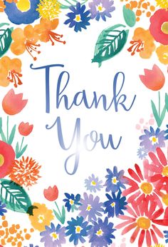 a thank card with watercolor flowers and leaves