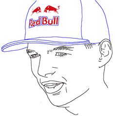 a drawing of a man wearing a red bull hat