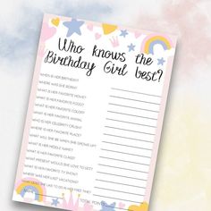 a pink birthday girl best wishes card with stars and rainbows on the front, which reads who knows the birthday girl best?