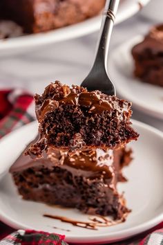 a piece of chocolate cake on a white plate with a fork in the foreground