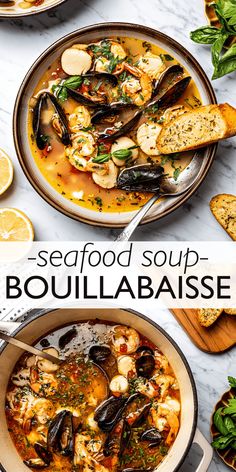 seafood soup in a bowl with bread on the side