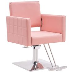 a pink chair sitting on top of a metal base