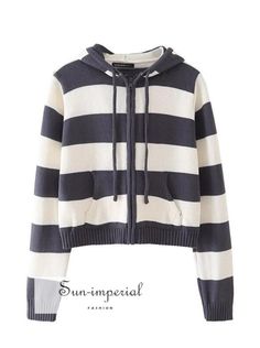 Women Blue and White Striped Knit Hoodie Cardigan with Zip Basic style Casual Cotton Hoodie Cardigan, Striped Cotton Sweater For Fall, Casual Striped Cardigan, Gray Hooded Cardigan For Spring, Striped Hooded Tops For Fall, Winter Striped Hoodie With Ribbed Cuffs, Striped Hoodie With Ribbed Cuffs For Winter, Striped Hooded Winter Outerwear, Striped Hooded Outerwear For Winter