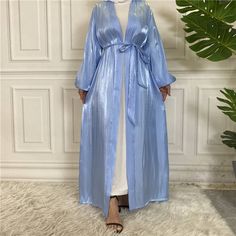 Abaya, Muslim Dress, Open Abaya Silk Abaya Dresses, Elegant Long Sleeve Summer Abaya, Spring Blue Long Sleeve Abaya, Spring Party Abaya Maxi Length, Blue Maxi Length Abaya For Spring, Maxi Length Abaya For Spring Party, Spring Party Maxi Length Abaya, Blue Long Sleeve Thobe For Spring, Spring Party Maxi Abaya