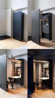 four different views of a small room with furniture and bookshelves in the corner