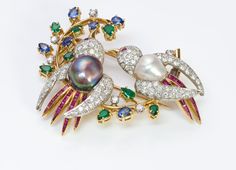 Gemstone Diamond Pearl Bird Gold Brooch.Vintage multi colored gemstone calibre ruby, emerald, sapphire, diamond and two color pearl bird brooch. Gold Brooch, Ruby Emerald, Bird Brooch, Brooch Vintage, Lovely Jewellery, Sapphire Diamond, Buy Vintage, Gemstone Colors, Pearl Jewelry