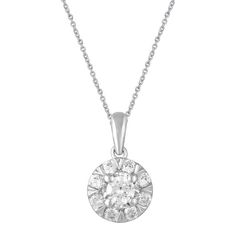 A cluster of round-cut diamonds make this sterling silver pendant a dazzling choice. A cluster of round-cut diamonds make this sterling silver pendant a dazzling choice. Metal: sterling silver Chain length: 18 in. Packaging: boxed NA Finish: polished Chain type: cableDIAMOND DETAILS Total weight: 1/2 ct. Color grade: I-J Clarity: I2-I3 Shape: round brilliant Setting: prong Gemstones may have been treated to enhance their appearance. Special care may be required. Please visit our Gemstone Treatme Sterling Silver Diamond White Necklace With Halo Design, Dazzling Silver Solitaire Necklace With Halo Design, Dazzling Diamond Necklace With Flower Pendant, Dazzling Diamond White Necklace With Halo Setting, Dazzling Silver Diamond Necklace With Halo Setting, Dazzling White Gold Flower Pendant Diamond Necklace, Silver Diamond Necklace With Halo Setting In Sterling Silver, Dazzling Round Pendant Diamond Necklace With Halo Design, Dazzling Diamond Necklace With Halo Design And Round Pendant