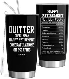 a black tumbler cup with the words happy retirement on it and an inspirator next to it