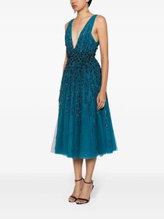 Saiid Kobeisy sequin-embellished tulle-overlay Flared Dress - Farfetch Saiid Kobeisy, Wedding Guest Looks, Yoko London, City Dress, Flared Dress, Summer Beach Wear, Dress Blue, Flare Dress, Denim Dress