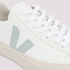 Veja White and Green Campo Sneakers. Upper crafted in pure white leather with green suede details and a pure rubber outsole. Round toe, lace-up fastening, contrasting V emblem on sides, contrasting Veja logo on the heel, and an embossed one on the back side, lined. Veja Campo Sneakers, Chloe Purses, Veja Sneakers, Prada Leather, Green Suede, Sneaker Wedge, Sneaker Brands, Luxury Shop, Card Holder Leather