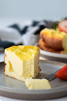 a piece of cheesecake on a plate with a strawberry