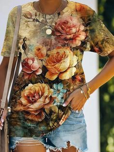 Women's Vintage Floral Print Crew Neck Top,Come to wonderclosets to Find your Favorite.