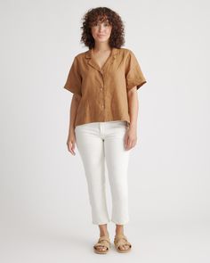 A year-round linen short-sleeve shirt? Yes, please. This button down linen shirt has a collar for an elevated look, is lightweight and made from organic materials. Its airy construction makes it perfect for basically occassion. Especially with the matching linen pants.  | Quince | Women's Short Sleeve Shirt in Golden Brown, Size Medium, Linen Classic Blouses, Linen Tank, Short Sleeve Shirt Women, Linen Short, European Linens, Linen Blouse, Silk Skirt, Linen Shorts, Linen Clothes