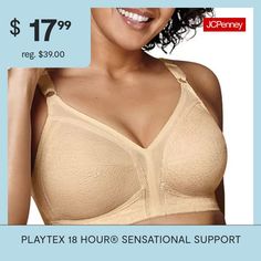 Support you can trust. · Fully adjustable straps for a custom fit. · 4-way trusupport bra design that provides a 4-way support system: higher sides and a taller back for extra side and back support, fuller cups and our wide comfort strap for all-day comfort. · Exclusive spanette fabric stretches four ways for all day support. Comfort you deserve. · Wireless comfort · No itchy tags, we are all tagless. Your perfect fit. · Designed with a no ride up back. Details you desire. · Beautiful, delicate… Bra Design, Coverage Bras, Full Coverage Bra, Support System, Back Support, Full Figured, Custom Fit, Clothing And Shoes, Adjustable Straps