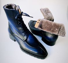 Buy TucciPolo Mens handmade Luxury Italian leather Winter Navy Blue Split Toe Fur Dress Boots. Handcrafted for the classy gentleman in mind. Get your pair today Leather : Italian calf skin leather with Fur Color: Navy Blue This is a made-to-order product. Each pair will be made upon receipt of order and shipped in approximately 15 days. Because our boots are hand-painted and couture-level creations, each shoe will have a unique hue and polish, and exactly as photo. * If you want this product in Designer Business Boots For Winter, Designer Winter Business Boots, Luxury Fitted Winter Boots, Classy Gentleman, Italian Leather Boots, Mobile Telephone, Fur Dress, Dress Boots, Designer Boots