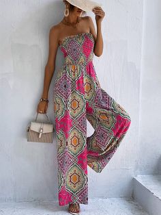 Strapless Casual Floral Bohemian Print Wide Leg Jumpsuit Fitted Bohemian Jumpsuits And Rompers For Beach, Multicolor Retro Sleeveless Jumpsuits And Rompers, Pink Bohemian Jumpsuits And Rompers For Vacation, Pink Retro Summer Jumpsuits And Rompers, Retro Pink Summer Jumpsuits And Rompers, Bohemian Fitted Jumpsuits And Rompers For Beach Season, Retro Pink Jumpsuits And Rompers For Summer, Bohemian Fitted Printed Jumpsuits And Rompers, Bohemian Printed Fitted Jumpsuits And Rompers