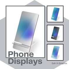 an advertisement for a cell phone display with four different images and text on the front