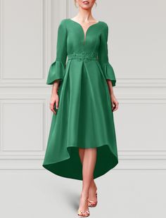 A-Line Cocktail Dresses Elegant Dress Formal Wedding Guest Asymmetrical 3/4 Length Sleeve V Neck Satin with Pleats 2024 Spring 3/4 Sleeve Party Evening Dress, Spring Party Evening Dress With 3/4 Sleeve, Elegant Green Dress With 3/4 Sleeves, Green 3/4 Sleeve Party Dress, Green 3/4 Sleeve Dress For Party, Elegant A-line High Low Dress For Spring, Spring Wedding Evening Dress With Asymmetrical Hem, Formal Green Dress With 3/4 Sleeves, Elegant Spring High Low Dress For Formal Events