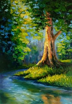 an oil painting of a tree by the river with green grass and trees in the background