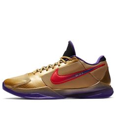 Introducing the Nike Kobe 5 Protro ‘Hall of Fame’, a sneaker that celebrates Kobe Bryant’s induction into the Naismith Memorial Basketball Hall of Fame. This special edition sneaker features a metallic gold finish on the upper, with breathable mesh and snakeskin-textured leather overlays. The right shoe has a purple Swoosh, while the left shoe features a mismatched pink Swoosh inscribed with the numbers 24, 10 and 8 - representing the jersey numbers that Kobe wore during his time with the Lakers and Team USA. Additional mismatched branding lands on the tongue and heel, both featuring Kobe’s personal trademark and Undefeated’s Five Strikes logo. Sporty Custom Gold Sneakers With Rubber Sole, Gold Sports Sneakers With Rubber Sole, Gold Sneakers With Rubber Sole For Sports, Gold Sneakers With Abzorb Midsole For Sports, Gold Sneakers With Boost Midsole And Round Toe, Nike Gold Sneakers With Boost Midsole, Nike Gold High-top Sneakers, Nike Gold Sporty Sneakers, Gold Basketball Shoes With Boost Midsole