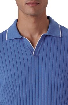 You can't help but feel relaxed in this ribbed cotton-rich sweater featuring a split neck and Johnny collar nicely tipped with contrast. 27" length (size Medium) Johnny collar Split neck Short sleeves 90% cotton, 10% nylon Machine wash, dry flat Imported Cotton V-neck Sweater With Ribbed Neckline, Knit V-neck Polo Sweater With Ribbed Collar, Blue Knit Polo Sweater With Ribbed Collar, Knit Polo Sweater With Ribbed Johnny Collar, Knit Long Sleeve Top With Striped Collar, Casual Sweater With Striped Collar For Work, Classic V-neck Polo Sweater For Spring, Casual Workwear Sweater With Striped Collar, Casual Sweater For Work With Striped Collar