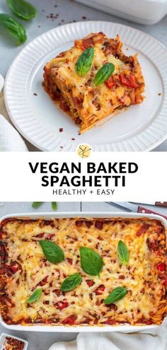 vegan baked spaghetti casserole with spinach leaves on top and in the bottom