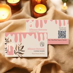 This elegant Retro Boho Candle Maker business card features a whimsical design of melting candles and botanical elements, perfect for artisanal candle makers. The front of the card showcases a stylish illustration of a candle with dripping wax, accompanied by delicate leaves in earthy pink tones. The name and title are prominently displayed in a clear, elegant font, add your logo. The back of the card provides ample space for contact details, including social media handles, a QR code for care in Candle Business Cards Design, Candle Business Cards, Candle Business Names, Candle Business Card, Artisanal Candle, Candles Business, Bohemian Candle, Candle Illustration, Stylish Illustration