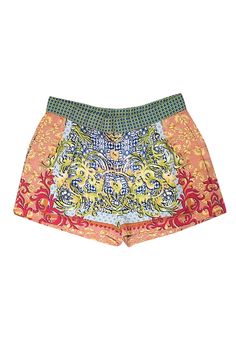 Step into style with these multi-print Clover Canyon shorts in a playful mix of green, blue, tan, and pink. Perfect for cocktails, date night, or that extra "it girl" touch in your vacay wardrobe. This trendy, fun pattern is a must-have for your weekend essentials. Wear with your favorite raffia sandals and toss a sweater or denim jacket over your shoulders for those breezy beach days! Size XS Made in USA 100% Polyester Front zipper closure and clasp Two invisible side pockets Waist 30" Length 12.5" Inseam 2.25" Green Bottoms With Vibrant Print For Vacation, Summer Floral Print Patterned Bottoms, Chic Patterned Bottoms For Vacation, Chic Patterned Summer Bottoms, Chic Patterned Bottoms For Summer, Spring Multicolor Print Bottoms With Elastic Waistband, Green Vibrant Print Casual Bottoms, Multicolor Printed Bottoms For Summer, Bohemian Multicolor Spring Shorts