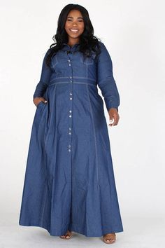 Plus Size Denim Dress, Curvy Maxi Dress, 1 Piece Dress, Button Maxi Dress, Denim Shorts Outfit, Button Front Maxi Dress, Dress Colors, Denim Maxi Dress, Maxi Tops