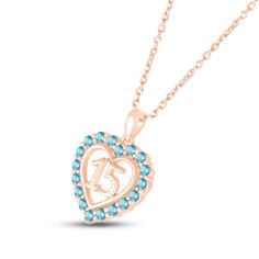 A stunning surprise for the birthday girl, this 10K rose gold Quinceañera necklace features a heart with the number 15 at the center. Cool Swiss blue topazes trace the heart, making the necklace an ideal gift for a December birthday. The pendant sways from an 18-inch cable chain that secures with a spring-ring clasp. Quinceañera Necklace, Quinceanera Necklace, Rose Gold Quinceanera, Number 15, December Birthday, Swiss Blue Topaz, Birthday Girl, Quinceanera, Cable Chain