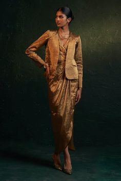 Buy Gold Silk Tissue Plain Open Full Sleeve Blazer For Women by Charkhee Online at Aza Fashions. Tissue Fabric Dress Design, Fancy Dress Patterns, Gold Drapes, Nyc Photoshoot, Lehenga Saree Design, Drape Jacket, Drape Dress, Long Dress Design, Dress And Jacket