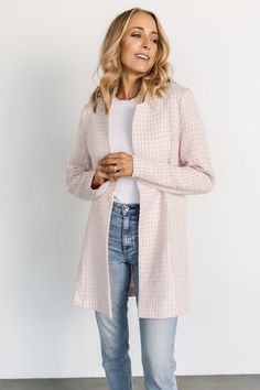 Fanny Plaid Jacket | Pink - Baltic Born Baltic Born, Notch Collar, Pink Jacket, Plaid Jacket, Off White Color, Tweed Jacket, Shoulder Pads, Snug Fit, White Color