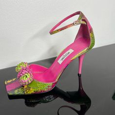 Cute Multicolored Sandals, A Part Of The Flower Is Missing, See The Photos For Details. Moschino Shoes, Square Toe Sandals, Toe Sandals, Snake Skin, Moschino, Women's Shoes Sandals, Pink And Green, Sandals Heels, Shoes Sandals