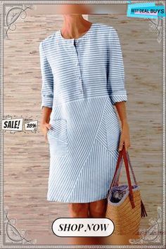 Women's Shift Dress Knee Length Dress - 3/4 Length Sleeve Striped Solid Color Clothing Summer Hot Casual Holiday Loose Blue Green Gray S M L Xl Xxl 3xl Blue Casual Dress With 3/4 Sleeves, Casual Light Blue Long Sleeve Dress, Light Blue Summer Dress With 3/4 Sleeves, Light Blue Half Sleeve Dresses, Light Blue Long Sleeve Dress With Pockets, Light Blue Long Sleeve Dresses With Pockets, Solid Color Outfits, Dress Knee Length, Womens Shift Dresses