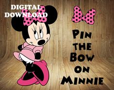 minnie mouse with pink bow on her head and the words pin the bow on minnie