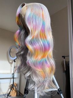 Long Wavy Platinum Blonde with Rainbow Highlights Wig - Zelda001 White And Rainbow Hair, Lace Front Wigs For White Women, Rainbow Wigs For Black Women, Blonde With Rainbow Highlights, Wigs Colorful, Weave Ideas, Pretty Wigs, Gray Wigs, Gray Wig