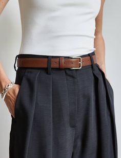 Essential brownleather belt with silver metal buckle fastening . 100% genuine leather 37"L x 1"W One size Womens Belt Outfit, Black Pants Brown Belt, Brown Belt Outfit Women, Silver Belt Outfit, Brown Belt Outfit, Outfit With Belt, Belts Aesthetic, Leather Belt Women, Belt Outfit