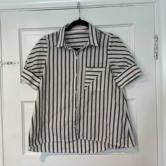 Zara, Nwot Size Xsmall, Off-White And Black Geometric Striped Button Up Top With Pocket Sleeves Have A Slight Flattering Puff Shape 100% Cotton In Excellent Condition No Signs Of Wear Zara Short Sleeve Tops With Buttons, Zara Short Sleeve Blouse With Buttons, Zara Short Sleeve Buttoned Blouse, White Zara Blouse With Buttons, Zara Striped Collared Tops, Zara Striped Blouse For Work, Striped Button Shirt For Day Out, Button Up Top, Zara Black