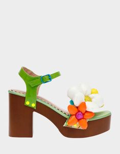 KINSLEE GREEN MULTI Sandal | Women's Sandals – Betsey Johnson Betsey Johnson Clothes, Floral Heels, Funky Shoes, Green Heels, Platform Block Heels, Betsey Johnson Dresses, Wood Heel, Platform High Heels, Betsy Johnson