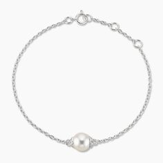 Premium Akoya Cultured Pearl Bracelet (7mm) - Silver. Both classic and elegant, this bracelet features a lustrous Akoya cultured pearl held on a delicate cable chain. The length of the bracelet can be adjusted from 6 to 7 inches to suit individual preference. Classic White Gold Pearl Bracelet With Oyster Clasp, Classic White Gold Pearl Bracelet With Oyster Details, Timeless Silver Pearl Bracelet For Formal Occasions, Timeless White Gold Pearl Bracelet For Anniversary, Timeless White Gold Pearl Bracelet, Classic Silver Pearl Bracelet As Gift, Classic Silver Pearl Bracelet Gift, Formal White Gold Pearl Bracelets, Formal White Gold Pearl Bracelet