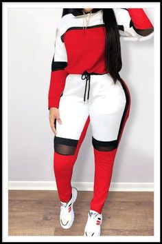 Plus Size Color-lump Tracksuit Pants Set Red Street, Tracksuit Pants, Plus Size Two Piece, Tracksuit Women, Street Outfit, Drawstring Pants, Outfit Set, Pants Outfit, Plus Clothing