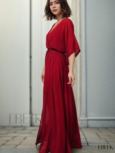 Ebeek - Premium Surplice Neck Maxi Dress with Ruched Half Sleeves - Sophisticated Womens Fashion Attire Elegant Fabric, Fashion Attire, Type A, Batwing Sleeve, Style Elegant, Half Sleeve, Long Length, Half Sleeves, Tent