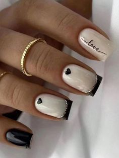 Multicolor  Collar    Color Nails Embellished   Beauty Tools Nails Valentines, Nails Glossy, Heart Letter, Colorful Nails, Her Nails, Black French, White Nail, Nails Black