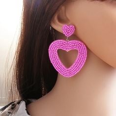 New Pink Heart Beaded Earrings Pink Beaded Heart Earrings For Party, Beaded Dangle Heart Earrings For Parties, Heart Bead Drop Earrings For Party, Pink Heart-shaped Beaded Earrings, Pink Heart-shaped Beaded Earrings For Parties, Elegant Beaded Earrings With Heart Beads For Parties, Valentine's Day Beaded Earrings For Pierced Ears, Dangle Beaded Earrings With Heart Beads For Party, Heart-shaped Beaded Earrings For Party